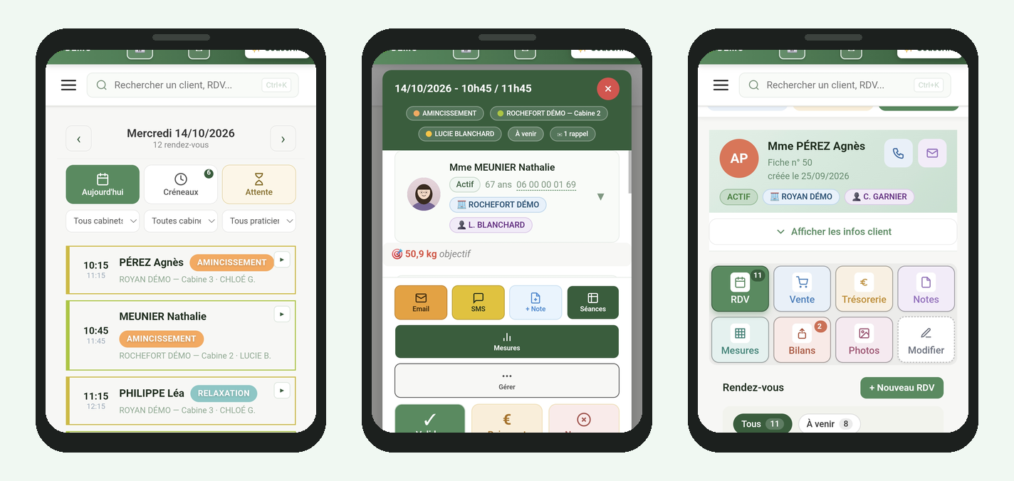Logipuncture sur smartphone : planning du jour, actions sur un rendez-vous, fiche cliente